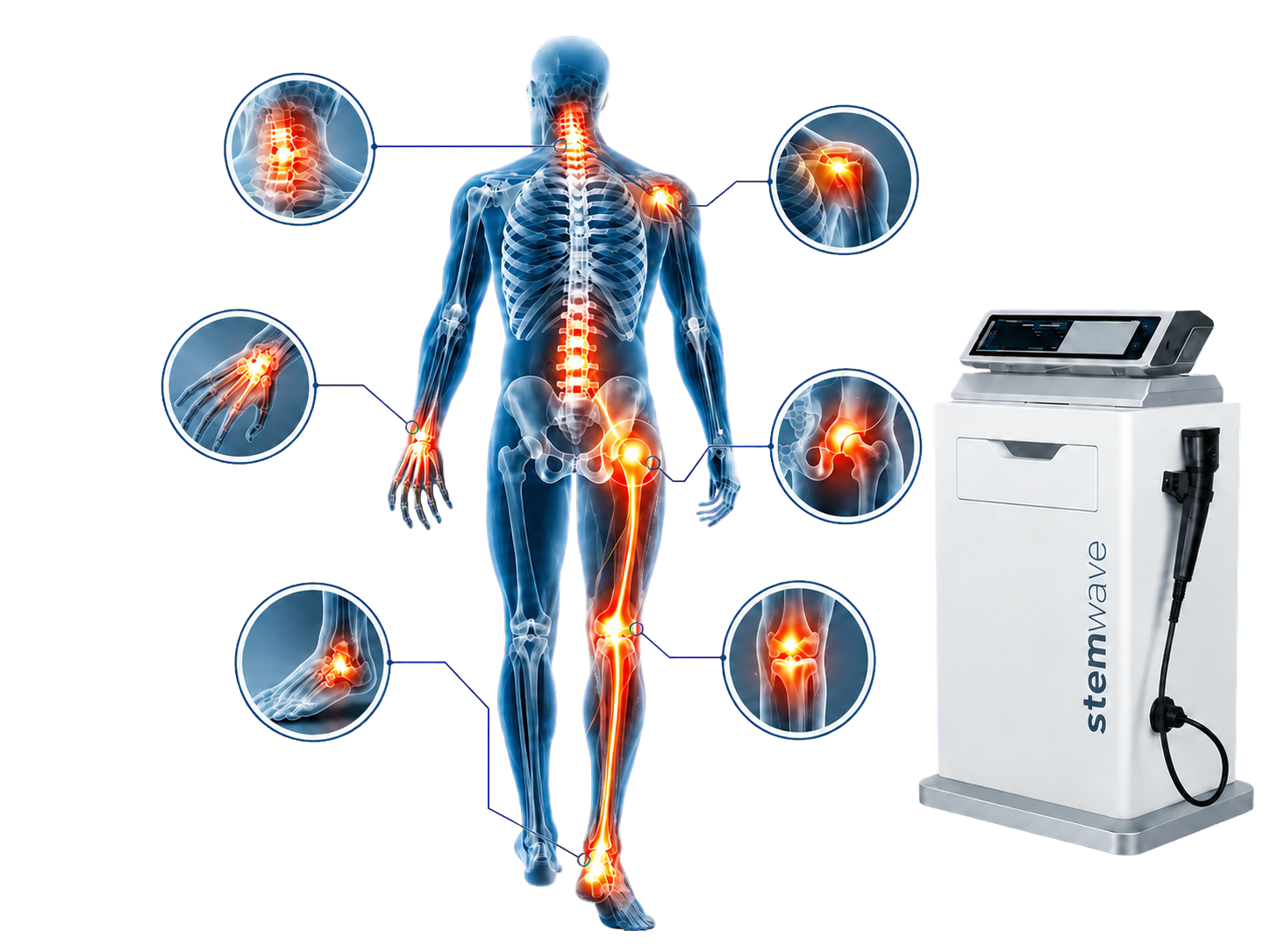 Anatomical diagram showing common Stemwave treatment areas including the neck, shoulder, wrist, hip, knee, ankle, and foot